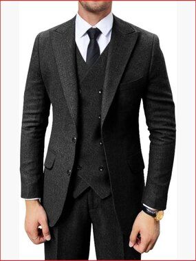 Retro 3 Piece Tweed Herringbone Suit Set Jacket Vest Pants for Wedding Prom